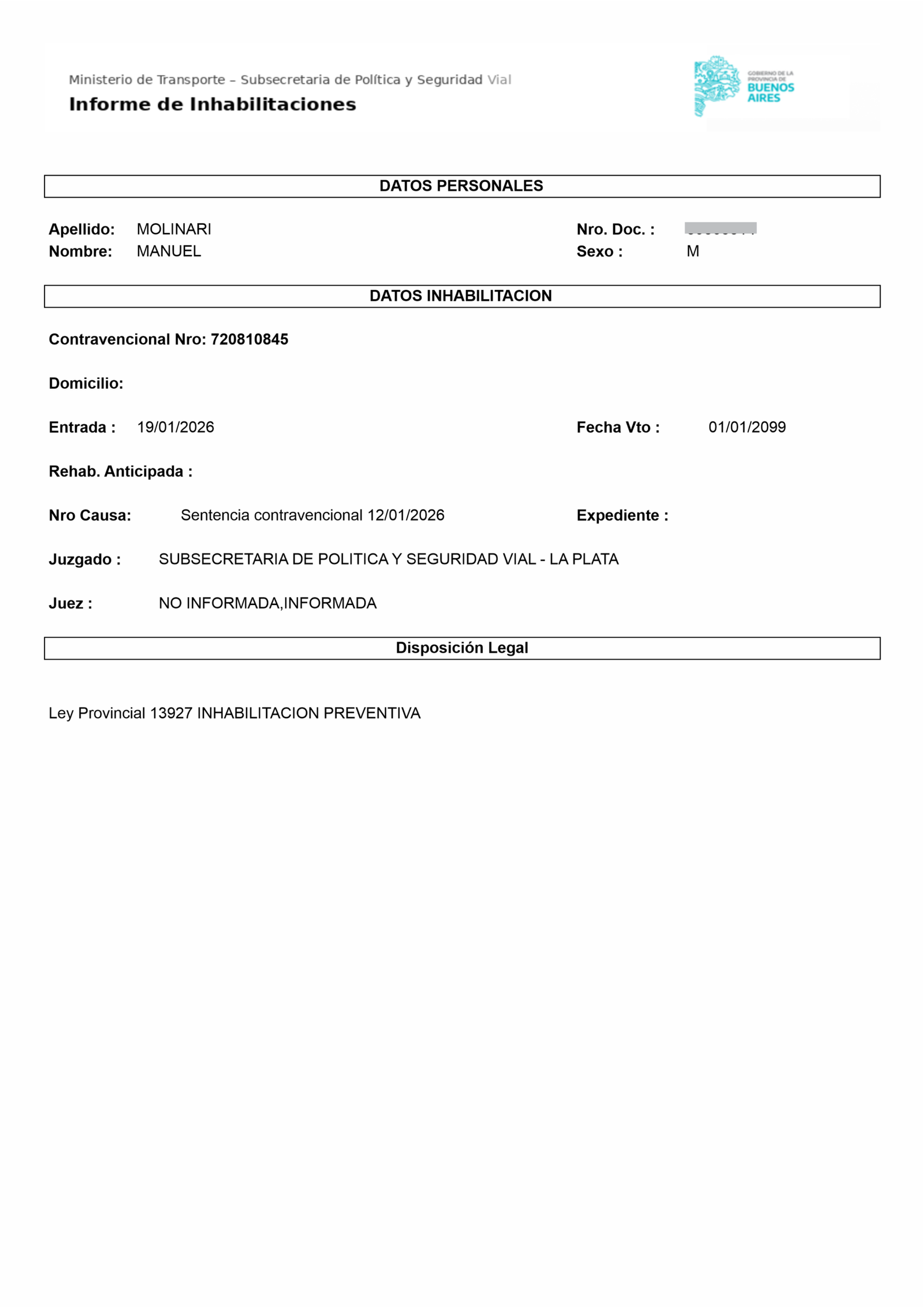 Inhabilitación Molinari Manuel